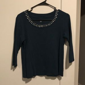 3/4 Sleeve Blue Top with Gemstone Neckline